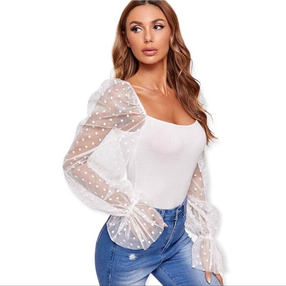 WDIRARA Polka Dots Sheer Dobby Mesh Square Neck Long Sleeve Skinny Bodys… - Picture 1 of 7